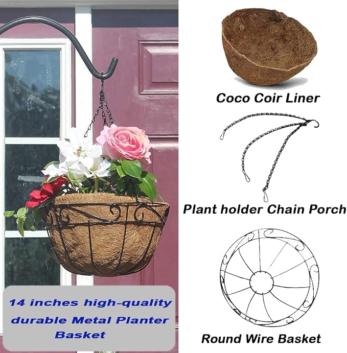 Ashman 14 Inch Metal Hanging Planter Basket with Coco Coir Liner Round Wire Plant Holder Chain Porch Decor Flower Pots Hanger Garden Decoration Indoor Outdoor Watering Hanging Baskets (4)