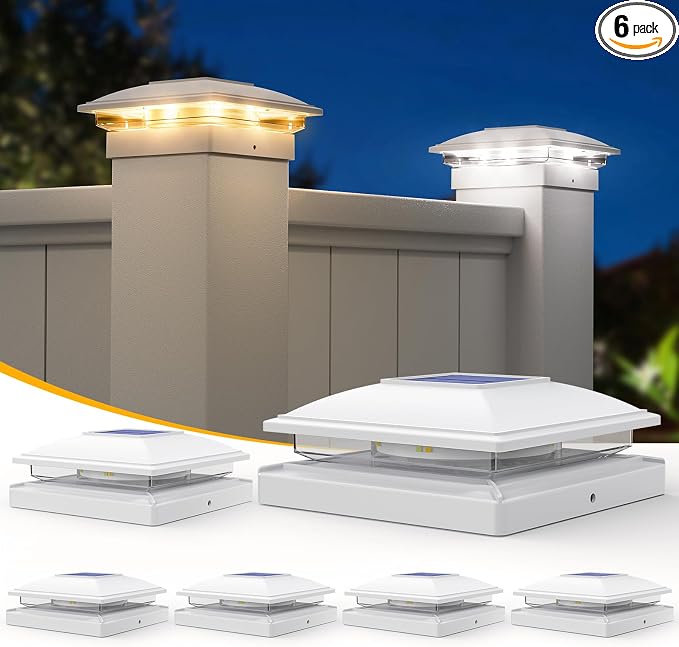 APONUO 6 Pack Solar Post Cap Lights, 2 Modes(Warm/Cool Light) Outdoor Waterproof Fence Post Solar Lights, Solar Powered Garden, Patio, Deck Decor for 4x4, 5x5, 5.5x5.5 Wood & Vinyl Posts, White