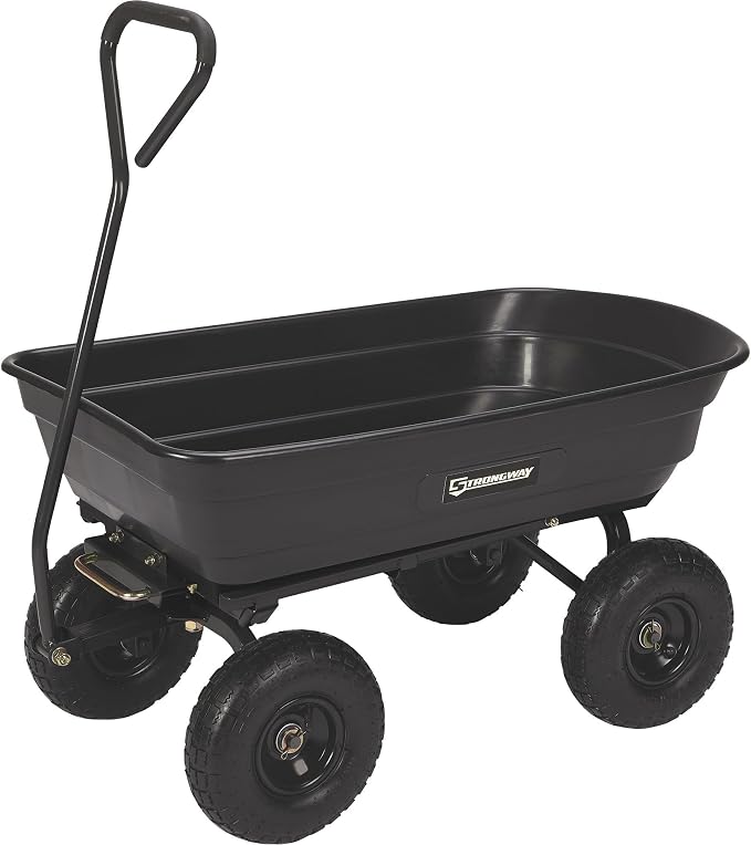 Strongway Poly Garden Dump Cart with Quick Release Mechanism, 600 Pound Capacity Yard Cart with 10 Inch Tires, Dipped Grip Handle, Pivot Steering