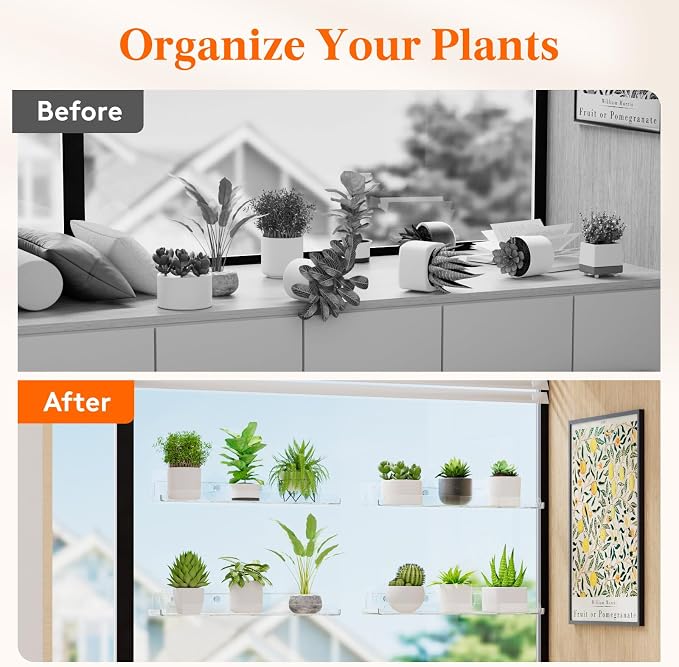 Lifewit Window Plant Shelves 14.6", 2 Pack Acrylic Suction Cup Floating Shelf for Bathroom Mirror, or Kitchen Wall, Clear No-Drill Window Sill Extender for Indoor Micro Greens 37 x 9 cm/14.6x3.6