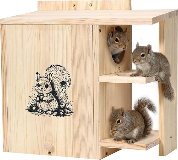 Large Widened Squirrel House for Outside, Waterproof Squirrel Nesting Box | External Platform & Porch, Anti-Predator Squirrel Box for Backyard, Solid Pine Wood, Easy to Assemble, DIY, 16×14.5×8 Inch