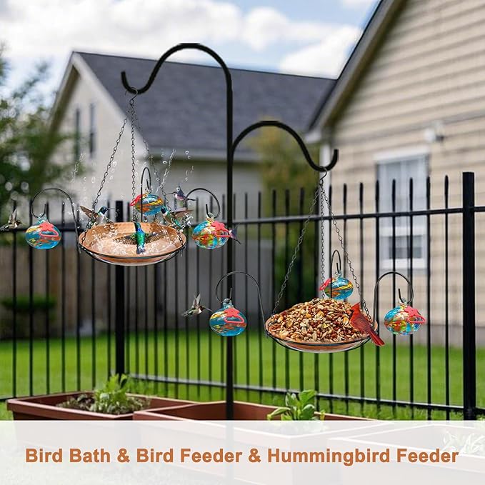 Wind Chimes Hanging Bird Feeders for Outdoors ＆ Bird Bath ＆ Hummingbird Feeders for Outdoors 3-in-1,Hand Blown Glass Hummingbird Feeder Balls,Detachable Feeder ＆ BirdBath(11in)(Phoenix Tail Blue)