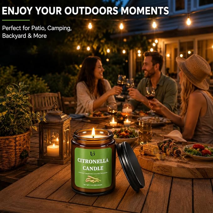 Citronella Candles Outdoor, Natural Soy Wax Outdoor Candles for Patio Backyard Garden Camping, Citronella Essential Oil Blend with Rosemary Peppermint & Lemongrass, 50 Hour Burn Time, 2 Pack 7oz
