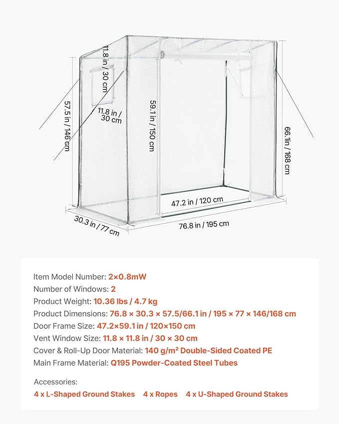 VEVOR Walk-in Greenhouse, 76.8" x 30.3" x 66.1" Greenhouse for Outdoors with Windows, PE Cover, Roll-Up Zipper Door, Walk in Green House Kit, Portable Plant Garden Hot House for Backyard, Outside
