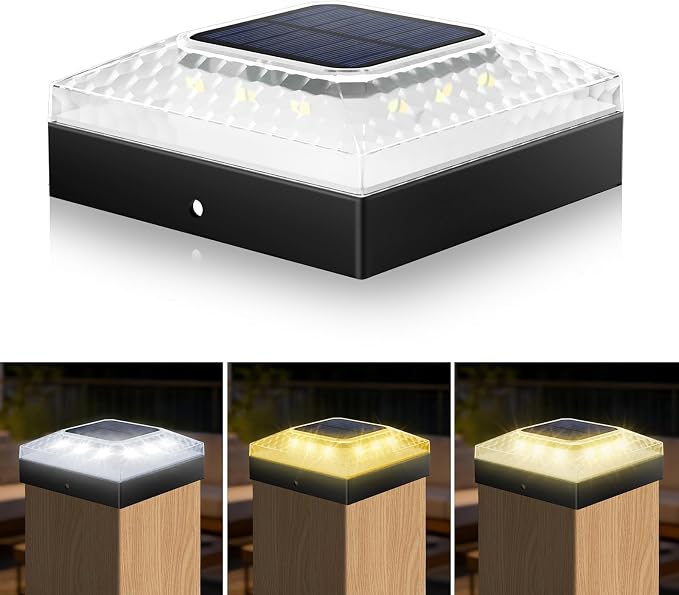 4x4 Solar Post Cap Lights 1 Pack, 3 Color Modes & 2 Brightness, IP67 Waterproof Fence/Deck Lights with Auto On/Off, 12-20H Runtime, No Wiring Needed for Outdoor Garden Yard