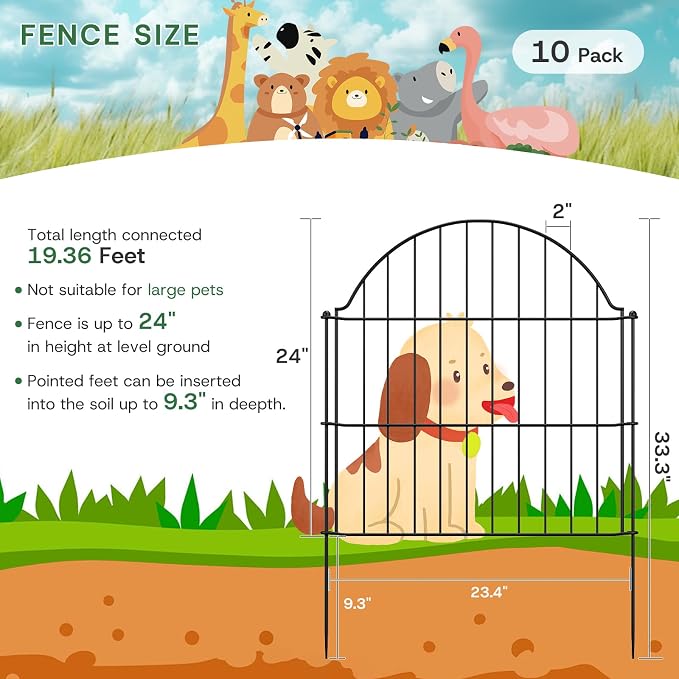 Garden Fence Panels, 24in H x 19.36ft L, 10 Panels Rust-Resistant Decorative Garden Fence, No Dig Small Garden Fence, Animal Barrier Fence for Garden Yard Flower Bed Patio Outdoor