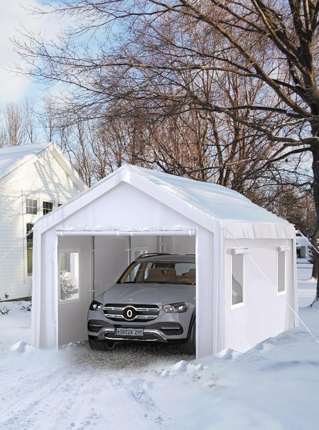 Hipicute 12x20x11 Ft Heavy-Duty Portable Garage with Canopy Top, Front and Back Doors, Roll-Up Windows, Carport Reinforced Structure for Cars, Trucks, Boats, and Parties - White.
