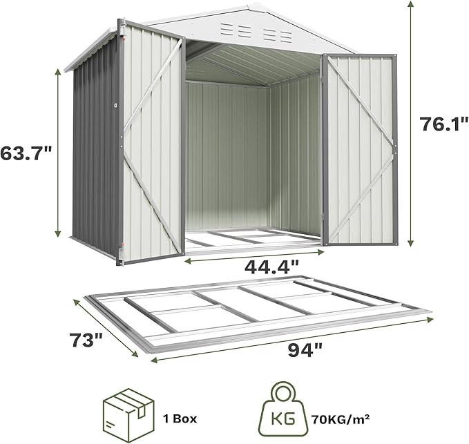 Greesum 8x6FT Outdoor Storage Shed with Base, Utility Tool Shed with Sloping Roof, Metal Storaged Garden Shed with Door & Lock for Patio Storage, Gray