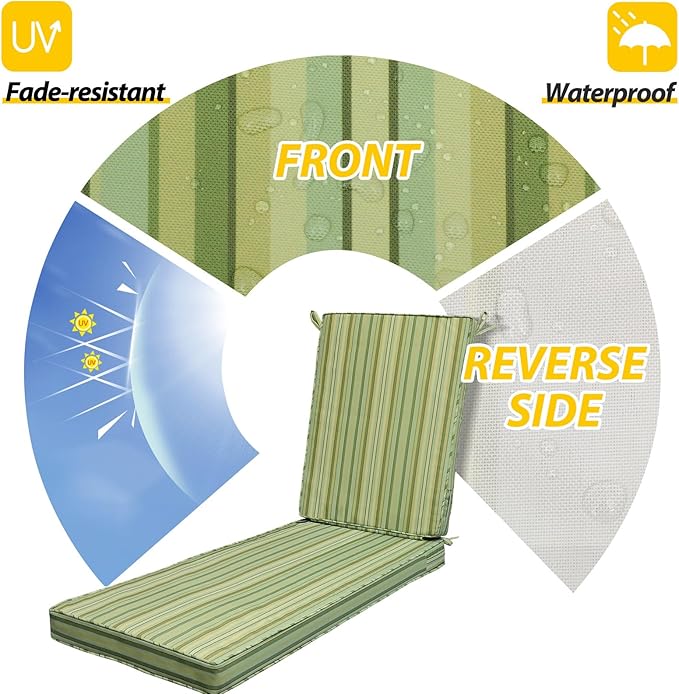 AAAAAcessories Outdoor Chaise Lounge Cushions, Fade-Resistant, Waterproof Patio Furniture Replacement Cushions, 75" x 24.5" x 3", Mossy Forest Stripe