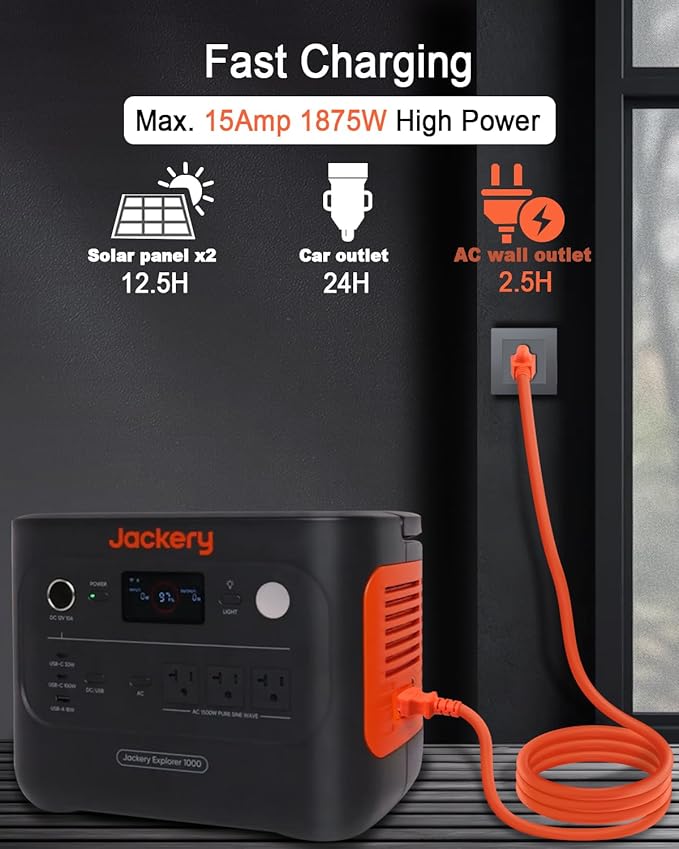YEZriler 3M/10FT Heavy-Duty Charging Cable for Jackery Power Station Explorer 3000/2000/1500/1000, Ecoflow Delta/River/Series, Bluetti EB3A, Anker 757/767, 125Volt 15Amps AC Power Cord - Orange