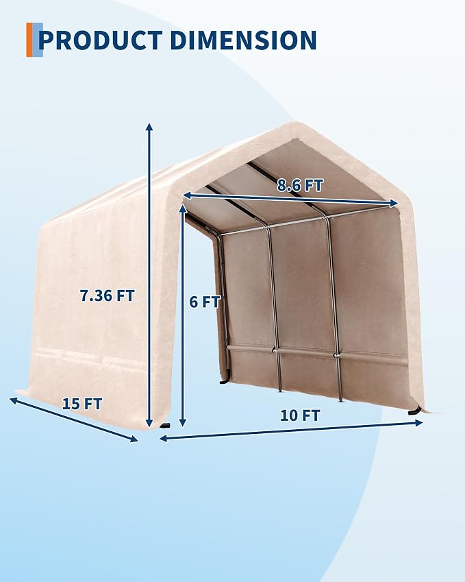 GarveeLife Outdoor Portable Storage Shed with Roll-Up Door & Vent, 240G Heavy-Duty Shelter Waterproof PE Tarp, UV-Resistant Storage Sheds for Motorcycle, Firewood, Garden and Tools (Khaki, 10'x15')