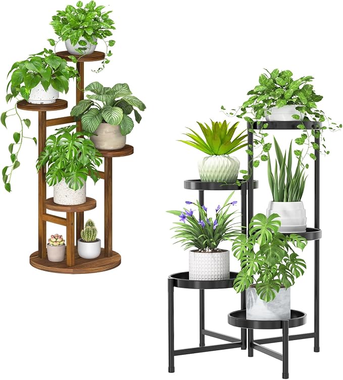 iDavosic.ly Tiered Plant Stand Indoor Outdoor Set of 2, 5 Tier Plant Stand for Tall Plants & 4 Tier Outdoor Plant Stands for Patio Rust Proof
