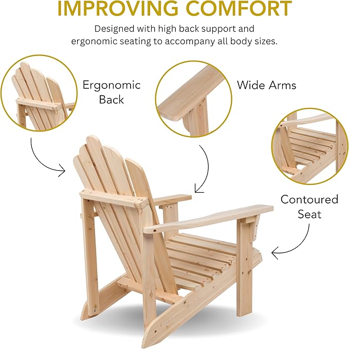 Shine Company Westport Wooden Adirondack Chair, Outdoor Patio Firepit Chairs, Back & Seat Pre-Assembled, Natural