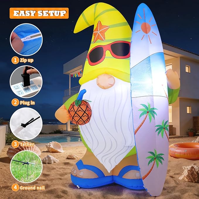 GOOSH 5.2 FT Summer Inflatables Hawaii Gnome Decorations Outdoor Blow Up Yard with Surfboard&Pineapple Built-in LEDs for Garden Lawn Indoor Party Beach Decor