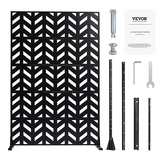 VEVOR Metal Privacy Screen, 47" W x 72" H, Outdoor Privacy Screens 5-Panel, Freestanding Outdoor Divider with Stand, Decorative Garden Steel Privacy Fence for Balcony Patio Indoor Room Black