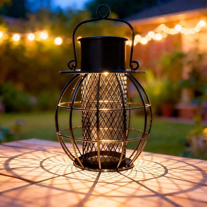 Suet Ball Bird Feeder Outdoor Hanging- Heavy Duty Metal Bird Feeder with Solar Lights,Chew-Proof,Outdoor Solar Lantern Feeder for Small Birds, Unique Gifts for Mom, Grandma (Black)