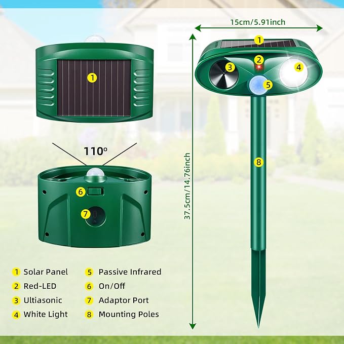 2026 Solar Ultrasonic Animal Repeller Outdoor,Deer Repellent Devices Waterproof with Flashing Light & USB Charging,Motion Activated Deterrent for Stray Cats,Dogs,Squirrels,Rabbits,Racoons for Garden