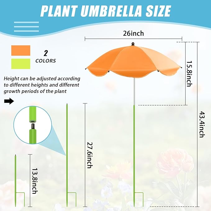 Axcoix 2 Pack Upgraded Plant Umbrellas for Outdoor Plants, 26" Larger Garden Plant Umbrella Shade with Adjustable Angle, 43.4" Higher Sun Shade for Plants, Potted Plant, Garden Beds (Green, Orange)