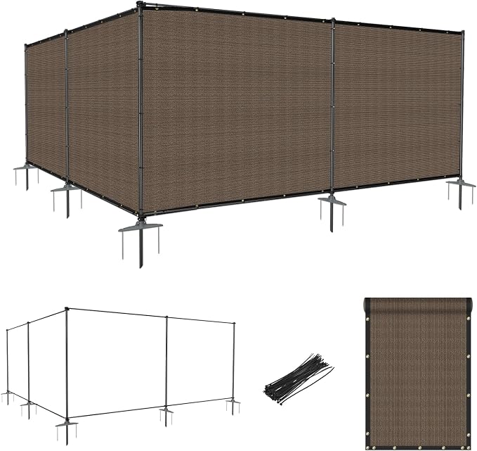 6'Hx39'W Outdoor Freestanding Privacy Screen Fence Panels with Iron Poles, Mesh Shade Net Cover Temporary Fencing for Patio Backyard Garden Deck, Brown