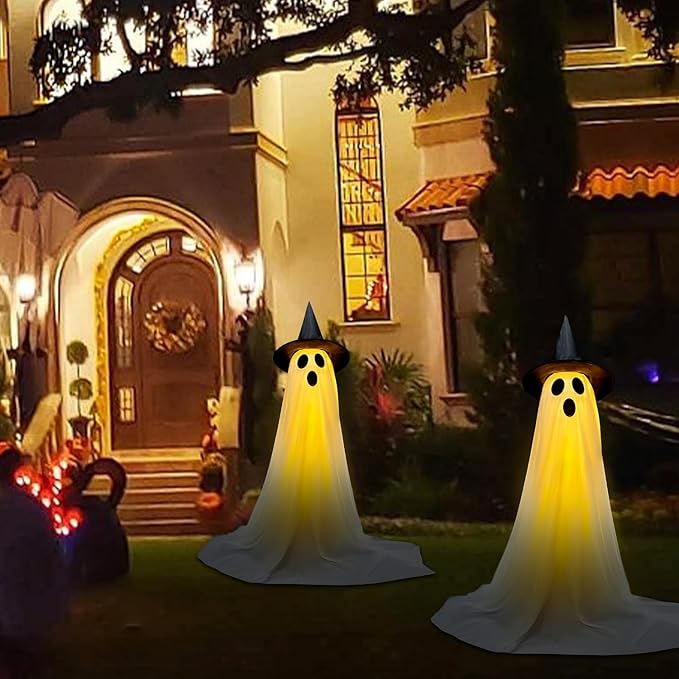 Halloween Decorations Outdoor & Indoor Decor - 2 Pack 59-inch Remote Control Spooky Ghost String Lights with Witch Hats, Halloween Lights for Porch, Yards, Patio, Garden Lawn, Party