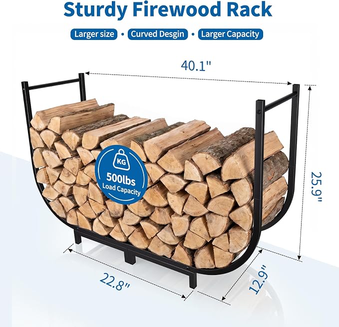Firewood Rack Outdoor w Thicken Cover, 40 Inch Indoor Large Firewood Rack-Stable Curved Firewood Storage Heavy Duty & Rustproof Metal Log Holder w Hook for X-mas Decoration or Tools Nearby Fireplace