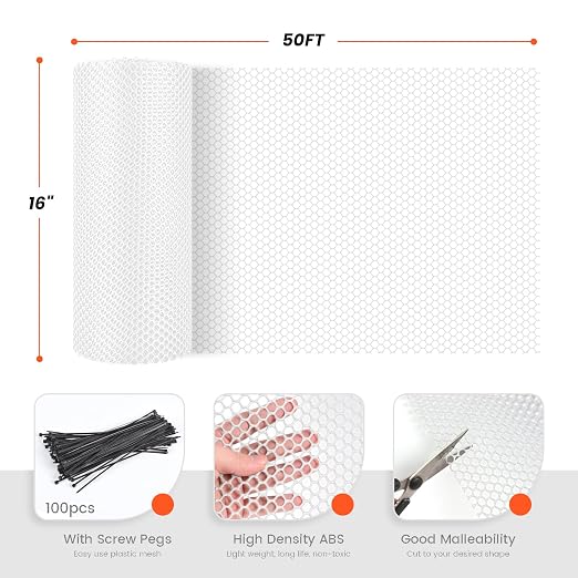 Toolterritary 16IN x 50FT Plastic Chicken Wire Mesh, Chicken Wire for Floral Arrangements, Chicken Wire Mesh for Crafts with 100 Pcs Zip Ties, Mesh Fence for Dogs, Deers, Poultry