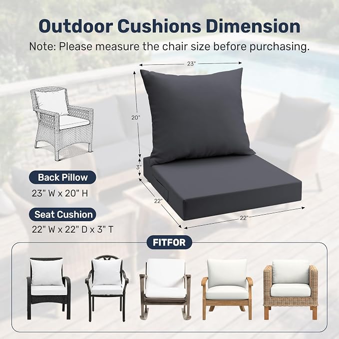 UNIKOME Outdoor Seat Cushions 22 X 22 Inch - Water-Resistant & Fade Resistant, Removable Cover Patio Furniture Cushions for Chair, Sofa, Couch, Wicker, Dark Grey