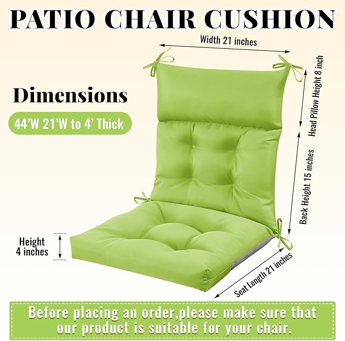 Sintuff 2 Pcs 44 x 21 x 4 Patio Chair Cushions Outdoor Chair Cushion Seat/Back Tufted Pillow with Ties Water Resistant Replacement Indoor Patio Furniture Outdoor Furniture (Solid Color,Fruit Green)