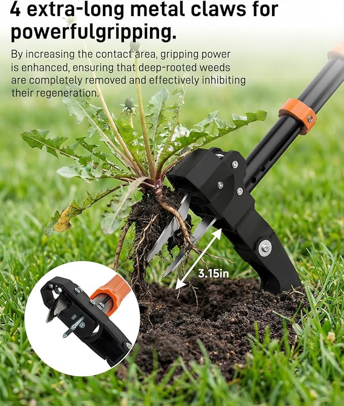 HAUSPROFI Stand Up Weed Puller Tool with 36-46 Inch Adjustable Long Handle and 50L Garden Bag, Heavy Duty 4-Claw Stainless Steel Weed Remover Tool with Automatic Rebound Design for Deep Roots