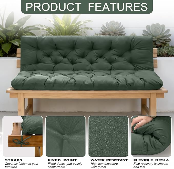 Porch Swing Cushions, Outdoor Swing Replacement Cushions 4 Seater with Backrest, Waterproof Bench Cushion with Ties,for Patio,Porch, Garden,Backyard