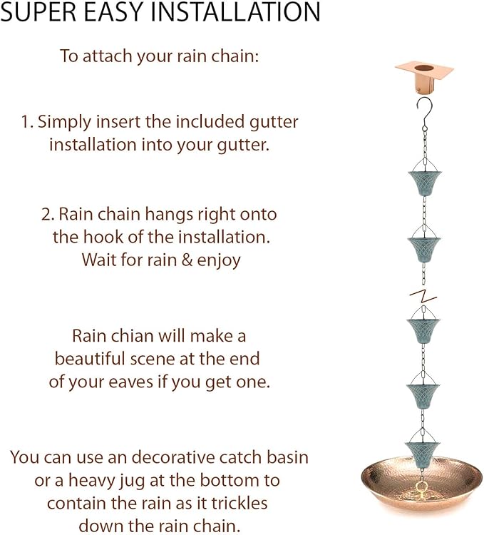 8.5FT Bell Iron Rain Chains for Gutter and Rain Barrel, Rust-Resistant Plated Garden Décor for Downspout, Bonus Rain Chain Gutter Adapter (Antique-Blue)