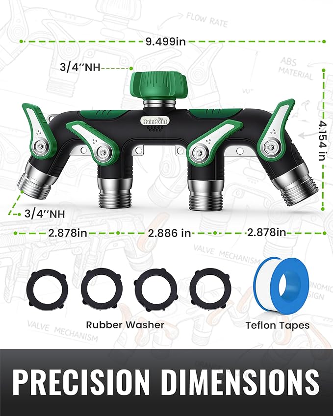 RAINPOINT 4 Way Garden Hose Splitter, 100% Metal Heavy Duty Water Hose Splitter with Individual Shut-Off Valves, 3/4" GHT High Flow Outdoor Faucet Splitter, 1.81" Extra Long Handle (Dark Green)