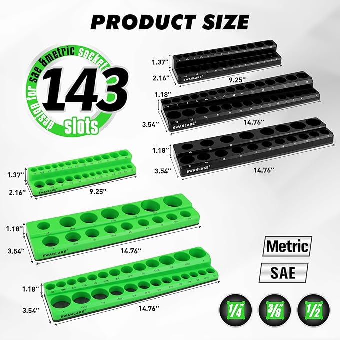 SWANLAKE GARDEN TOOLS 20-Piece Magnetic Tool Organizer Set, 1/4", 3/8", 1/2" SAE & Metric Socket Organizers, 2 Large Wrench Holders, 24-Slot Wrench Rails, Plier and Screwdriver Wall Mount Storage