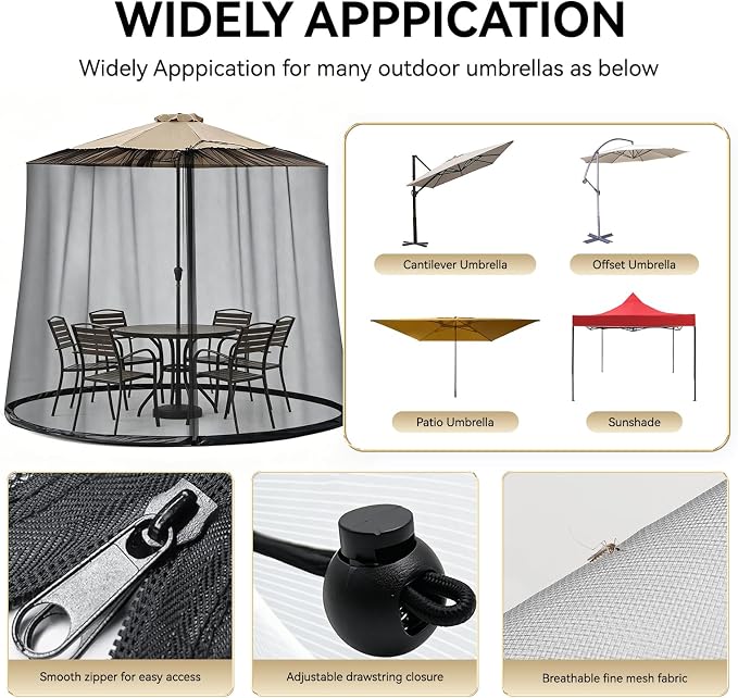 9-11 FT Outdoor Mosquito Netting for Patio, Windproof Universal Umbrella Mosquito Net for Patio Garden Backyards, Polyester Mesh Outdoor Umbrella Screen with Zipper (Black)