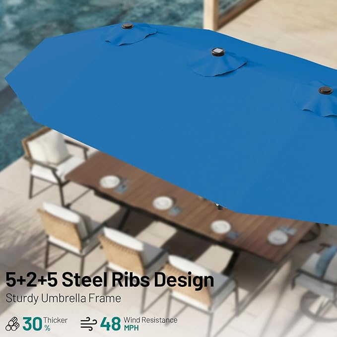 AreShark 13 FT Patio Umbrella with Solar Lights, Double-Sided Outdoor Table Umbrellas with Crank, Large Rectangular Market Umbrella for Porch, Lawn, Pool, Backyard, Royal Blue