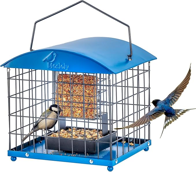 Caged Suet Bird Feeders Squirrel-Proof, Dual-Purpose Suet &Seed Wild Bird Feeders with Tray, Starling-Proof Metal Caged Bird Feeders Outdoors Hanging, 2 Suet Cakes+1lb Seed Capacity, Blue