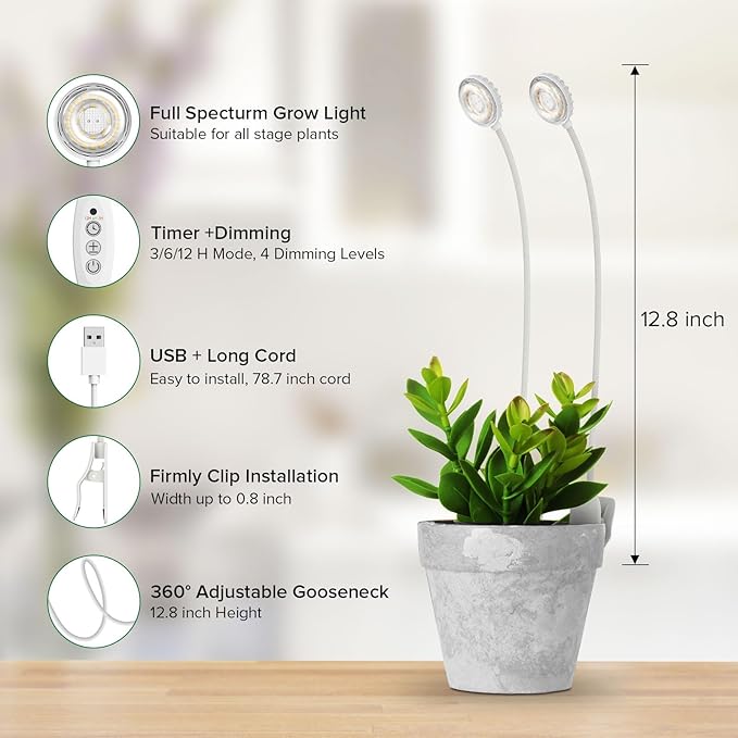 Clip-On Grow Lights for Indoor Plants, 2-in-1 LED Grow Lamp,4000K Sunlike Full Spectrum Plant Lights, 4-Level Dimmable with 3/6/12H Timer, Flexible Gooseneck,14W White Plant Grow Lights