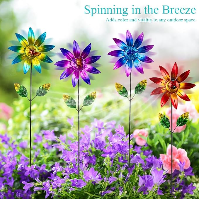 4 Packs Wind Spinner Outdoor, Pinwheels for Yard and Garden, Metal Flower Decorative Garden Stakes for Lawn Patio Porch Decor