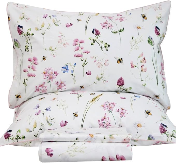 QSH Floral Bed Sheets Set King Size - Shabby Flower Bee Print Bed Sheet Set - Extra Soft and Breathable 100% Egyptian Cotton - 4 pcs King Size Sheets with Deep Pockets Flower Bed Sheets