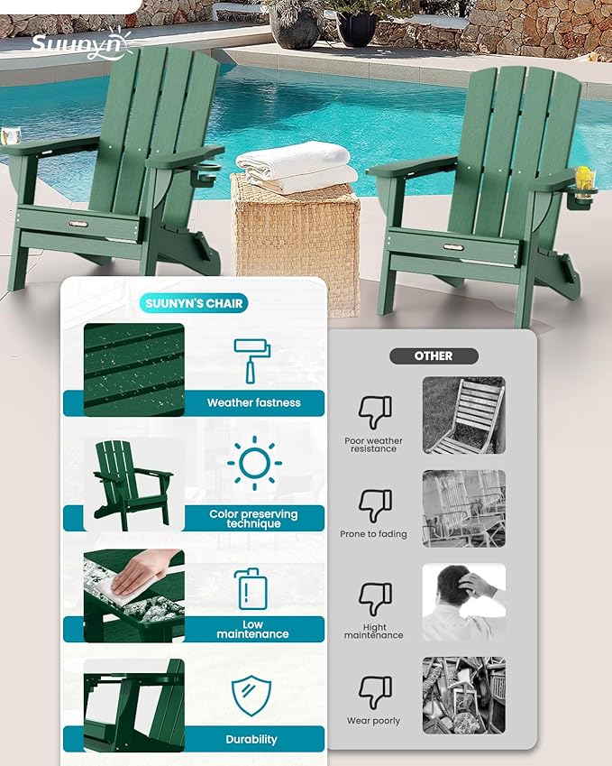 Folding Adirondack Chair 4 Pack, HDPE All-Weather Fire Pit Chairs, Plastic Adirondack Chairs with 2 Cup Holder, Outdoor Lawn Chair for Patio Garden (Green)