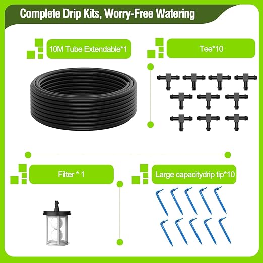 Automatic Drip Irrigation System Kit - 33ft Hose, Filter, 10 Tee Connectors & 10 Drippers, for Potted Plants