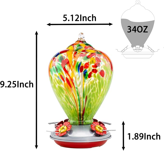 Muse Garden Hummingbird Feeders for Outdoors Hanging, Blown Glass Hummingbird Feeder, Hummingbird Gifts for Mom, Garden Decor for Outside, Unique Gifts Idea for Women, 34 OZ, Green Fireworks | Muse Garden Hummingbird Feeders for Outdoors Hanging, Blown...