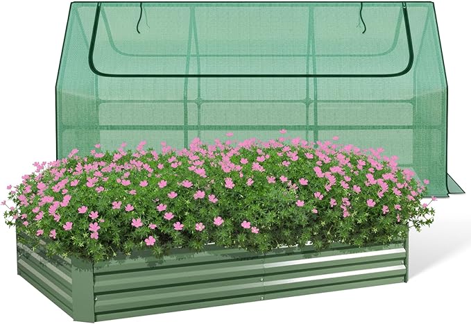 BPS Raised Garden Bed Set, 6x3x1 FT Metal Bottomless Flower Bed with PE Cover for Outdoor Planting, Green