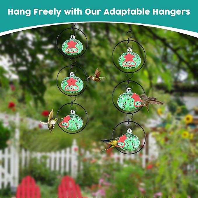 Headak Life Flexible 6 Pack Hummingbird feeders for Outdoors Hanging Ant and Bee Proof,Detachable Hand Blown Glass Hummingbird Feeder with 6 Adjustable Silicone Perch(Green)