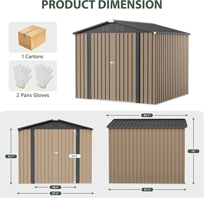 JUMMICO 8x8 FT Outdoor Storage Shed, Heavy Duty Tool Metal Sheds with Lockable Doors and Updated Frame Structure for Backyard Patio Lawn, Brown