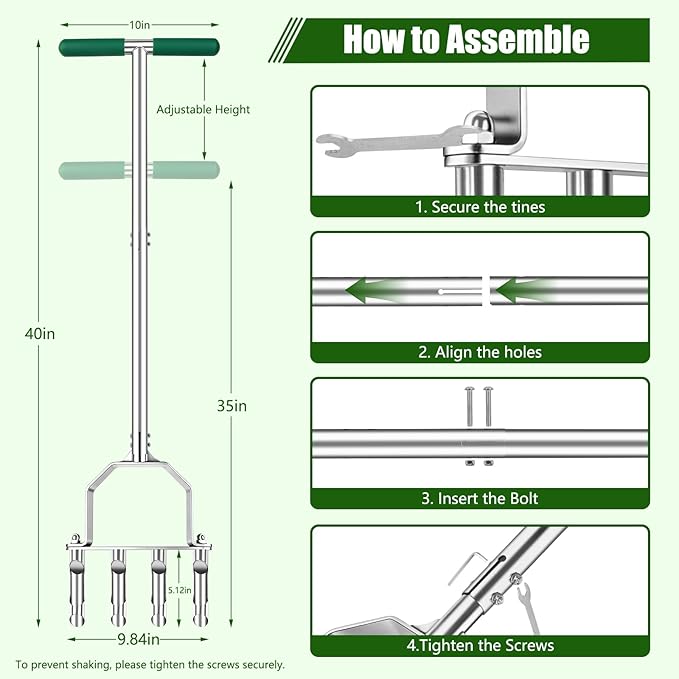 Bigwish Stainless Steel Aerator Lawn Tool with 4 Heavy-Duty Hollow Tines,Anti-Clogging Core Aerator,Ergonomic Design Lawn Aerator,Semi-Assembled Lawn Aerator Tool for Lawn Garden Yard Patio