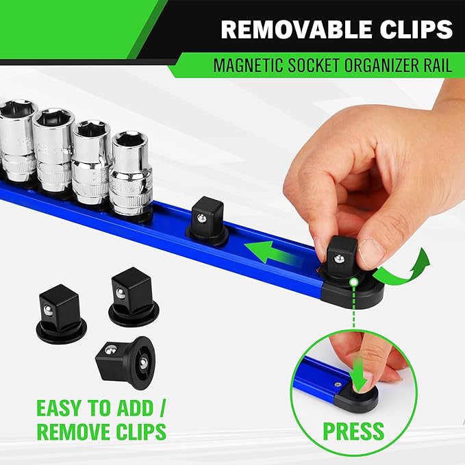 8-Piece Magnetic Socket & Bit Organizer Kit, 1/4'' 3/8'' 1/2'' Heavy Duty Socket Holder Holds 80 Clips, Aluminum Sockets Rail for Tool Box Drawer, 1/4'' Slidable Drill Bit Organizer Holds 80 Bits