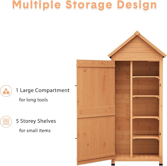 63in Tall Outdoor Storage Shed, Waterproof Wooden Garden Tool Shed with 4 Shelves and Lockable Doors, Vertical Outdoor Storage Cabinet for Patio Yard Lawn