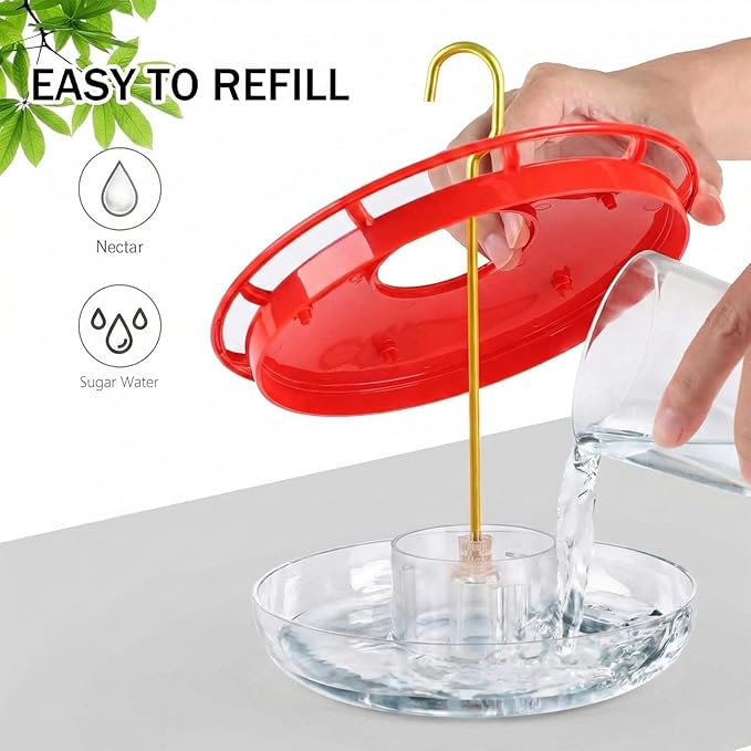 eWonLife Hummingbird Feeders for Outdoors, 16oz Leak-Proof Saucer Humming Bird Feeder with Integrated Ant Moat, Bee Proof 5 Feeding Ports, Brush, Easy Clean & Refill, Hanging Garden Yard Décor