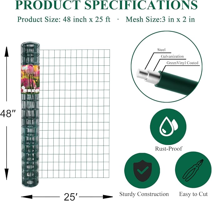 FOREHOGAR Green PVC Coated Welded Wire Fence 48 Inch x 25 Foot, 2 Inch x 3 Inch 16GA, Garden Border Fencing Roll Vinyl Coating Metal Wire Mesh for Yard Vegetable Plant Protection Poultry Netting
